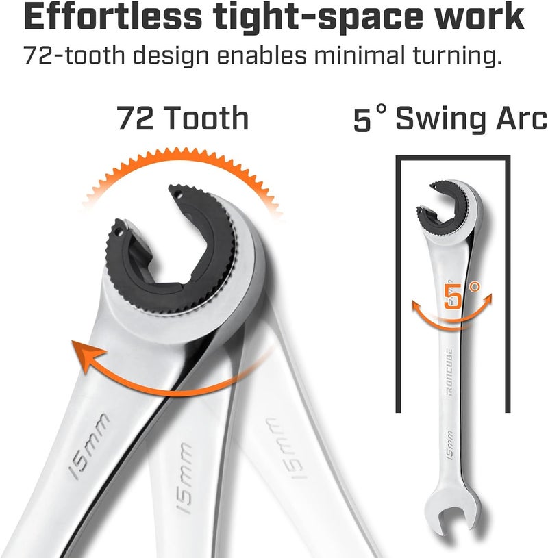 ironcube 15mm Brake Line Wrench Set: Metric Ratcheting Open-end for Nuts on Fuel, Brake or Air Conditioning Lines - Image 3